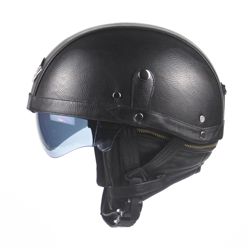 Zwart Volwassen Lederen Helmen Voor Motorfiets Retro Half Cruise Helm Prins Motorhelm Goedgekeurd