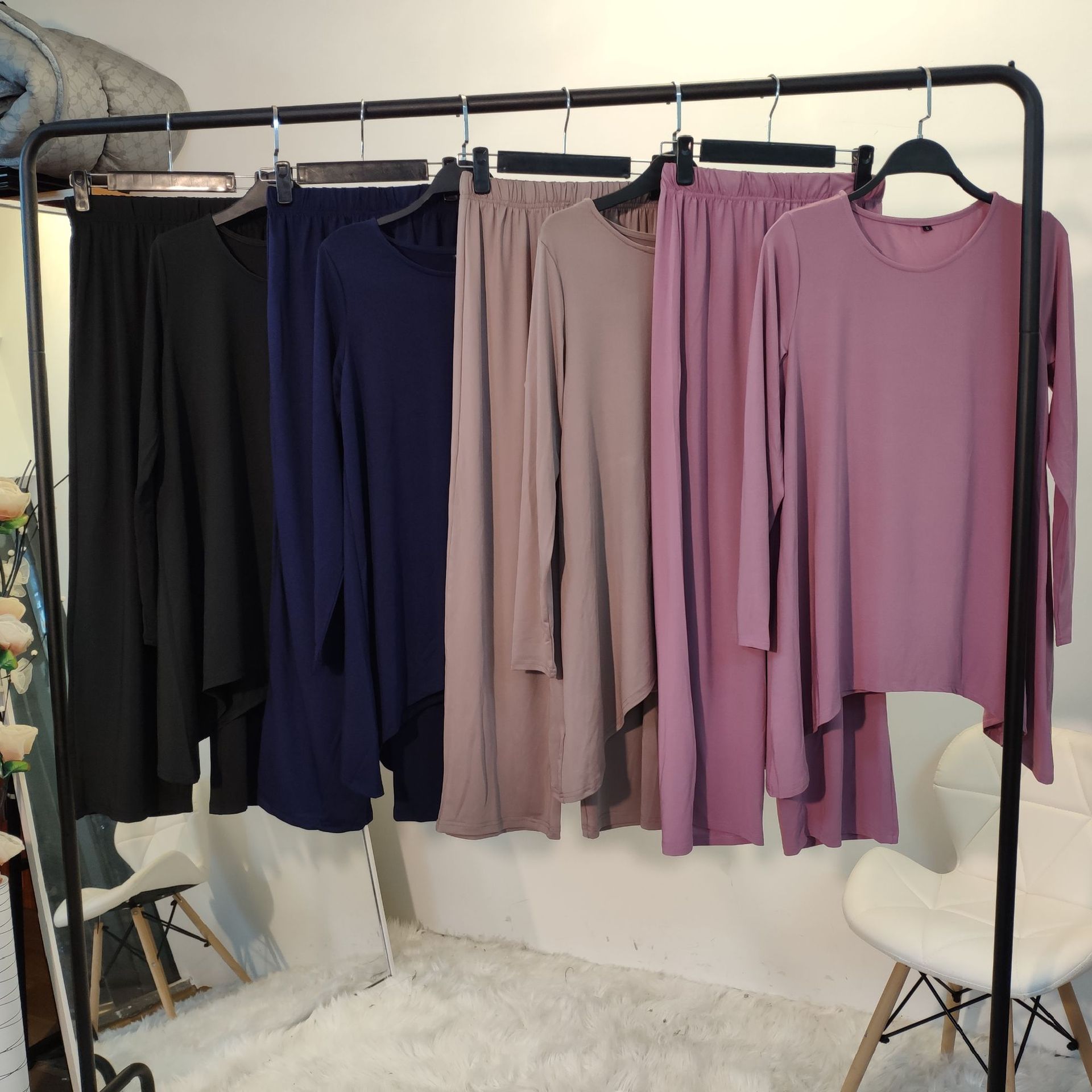 smooth fabric Muslim suits female Solid Color Two-pieces Tops + elastic waist Pants Singapore Turkey Clothing F1883