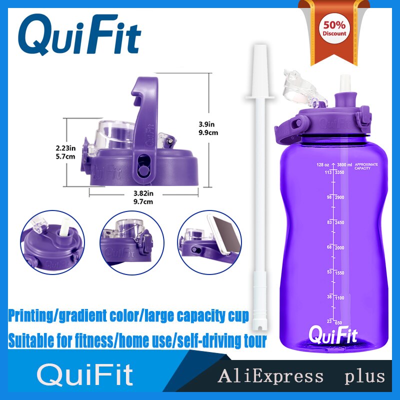 QuiFit water bottle 3.8L bouncing lid gallon water bottle cuptime stamp trigger no BPA, sports phone holder fitness water bottle: Purple