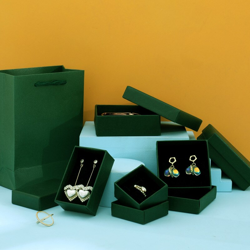 Caja de cartón verde para joyería, juego de anillos, collares, esponja rectangular, relleno de papel de cartón, cajas de embalaje de , 1 unidad