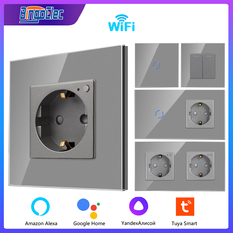 Bingoelec Smart Home Grey Smart Switch and Wifi Socket Power Monitor with Crystal Glass Panel Home Improvement
