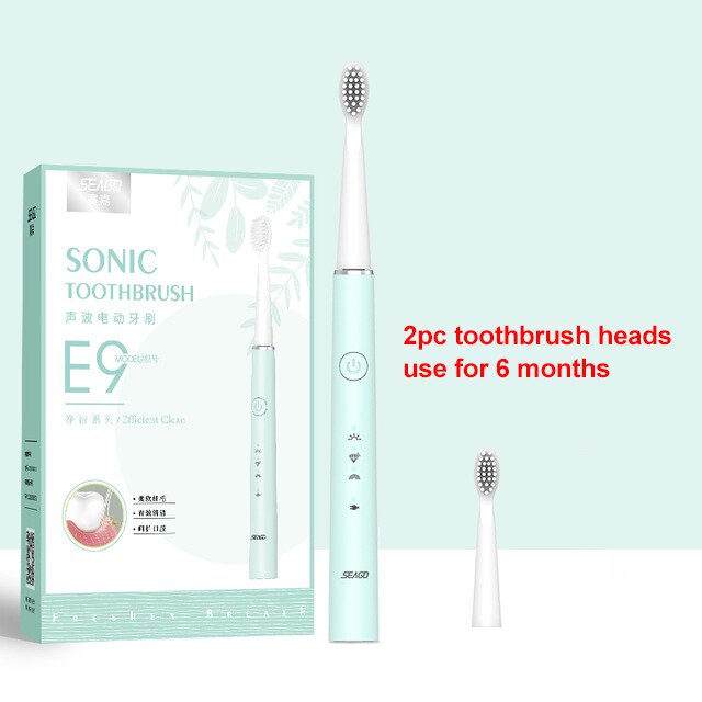 Seago Electric Toothbrush USB Rechargeable Sonic Tooth Brush for Female and Girl with 3 soft Brush heads box: Green with 2pc heads