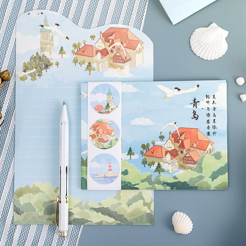 7 Cities Letter Paper Set Cartoon City Set Combination Stationery Postcard Color Page Envelope City Notes