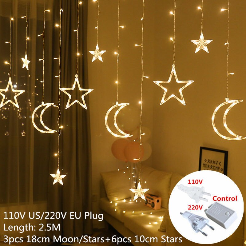 220v eu pistoke 2.5m led moon star lamppu keiju verho valo jouluseppele merkkijono valot lamppu vuodeksi hääkoristeita: Lämmintä / Eu -pistoke