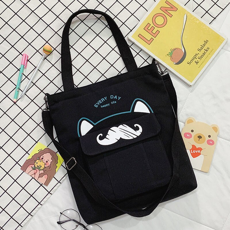Grote Capaciteit Canvas Tas Schooltas Wilde Vrouwen Crossbody Tassen Cartoons Vrouwen Handtassen Schoudertassen Snor Tote Boodschappentas: Black No Pendant