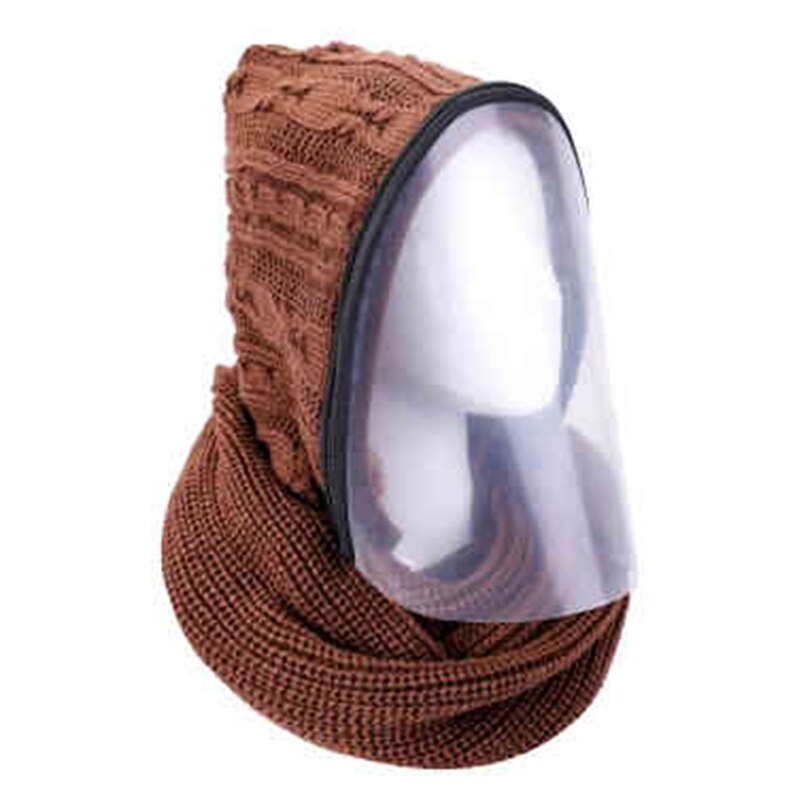 Winter Knit Hooded Scarf with Removable Clear Face Shield Protective Earflap Cap: Brown