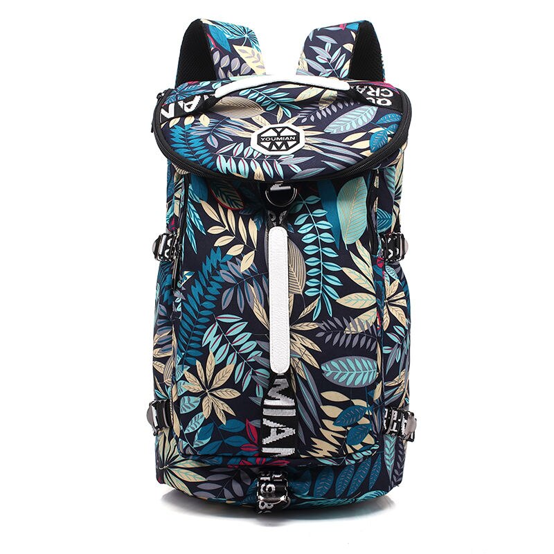 YOUMIAN Large-capacity travel backpack female shoulder bag sports fitness canvas bag light hiking travel luggage: Blue leaves small