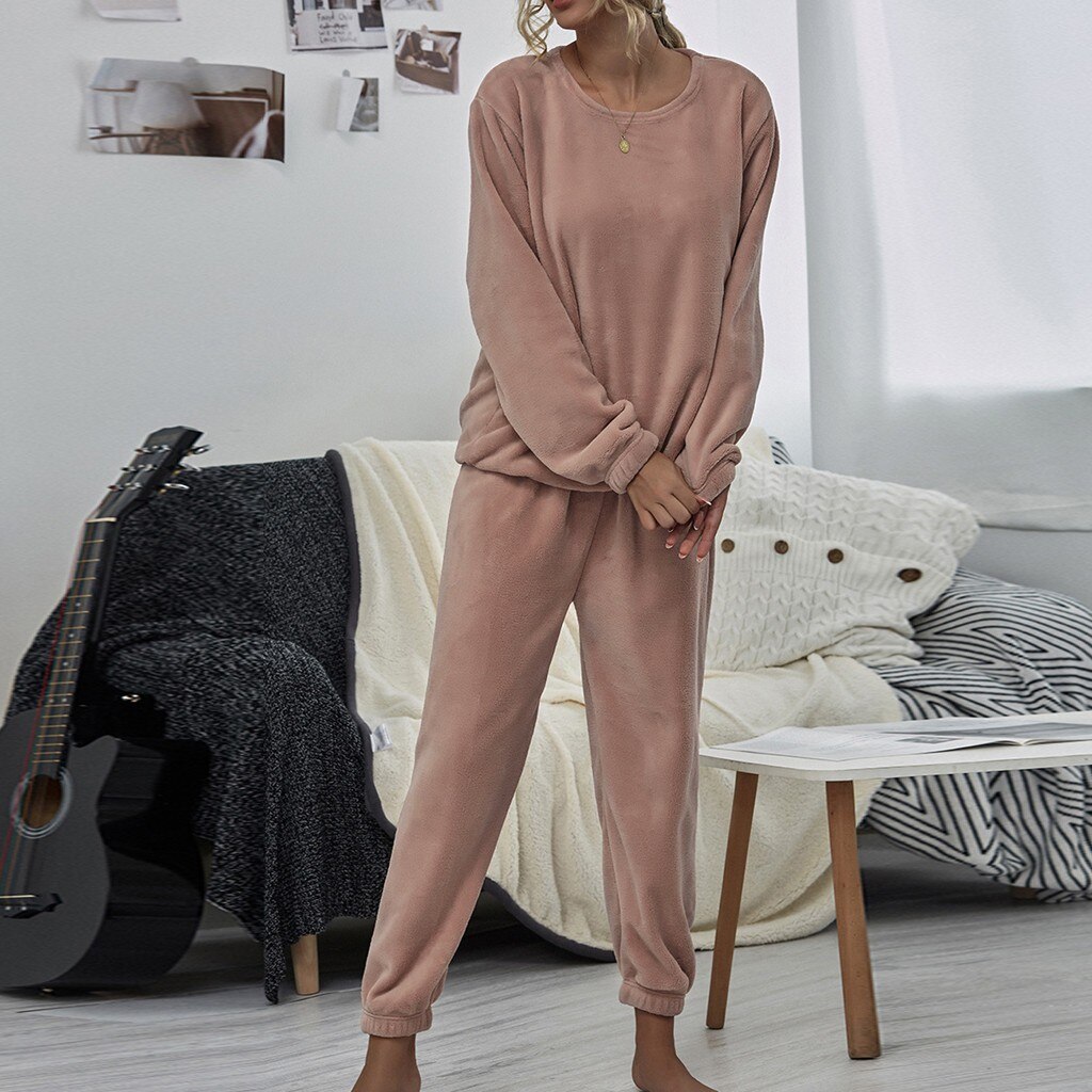 Winter Warme Pyjama 2 Stuk Flanellen Pyjama Set Leuke Effen Kleur Lange Broek Nachtkleding Homewear Vrouwen Print Lingerie Ronde hals #30: PK / L
