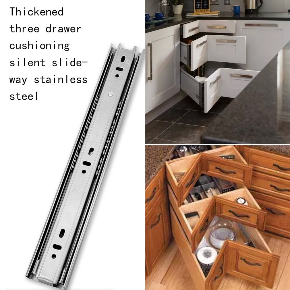 Stainless Steel Slide Rails Thickened Three-section Drawer Buffer Mute Steel Ball 4510 Slide Rail Damping Slide