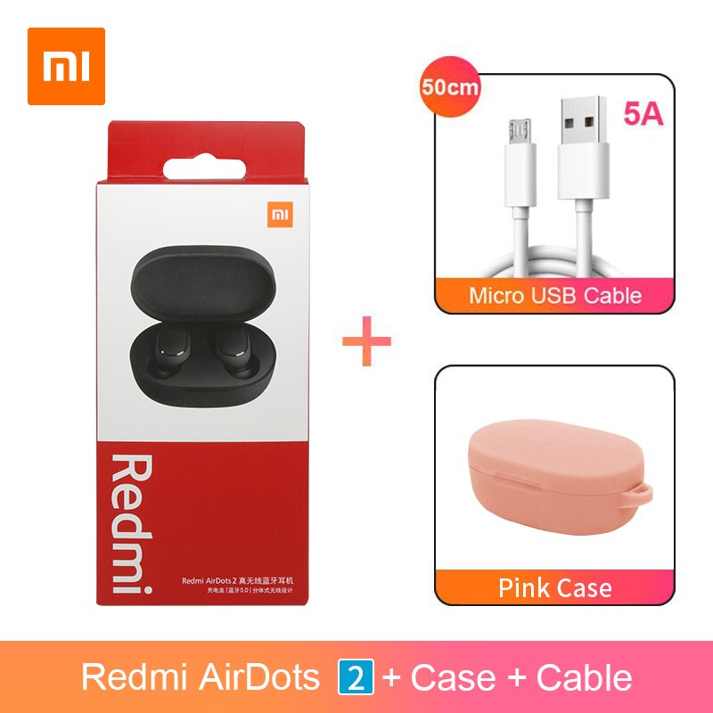 Xiaomi Redmi Airdots 2 Airdots S TWS Bluetooth 5.0 Earphone Stereo bass With Mic Handsfree Earbuds AI Control: Cable and Pink Case