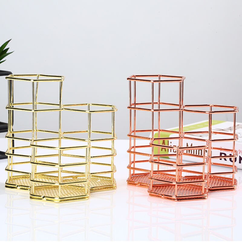 Metalen zeshoekige gouden pennenhouder, make-upborstelhouder, organizer, bureau-organizer voor stationaire opslag, kantooraccessoires, decoratie