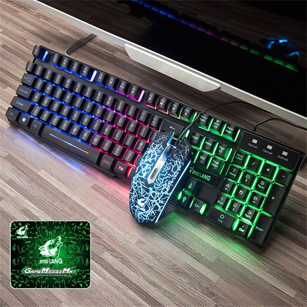 Colorful LED Illuminated Backlit USB Wired PC Rainbow Gaming Keyboard Mouse Set Gamer Gaming Mouse and Keyboard Kit Home Office