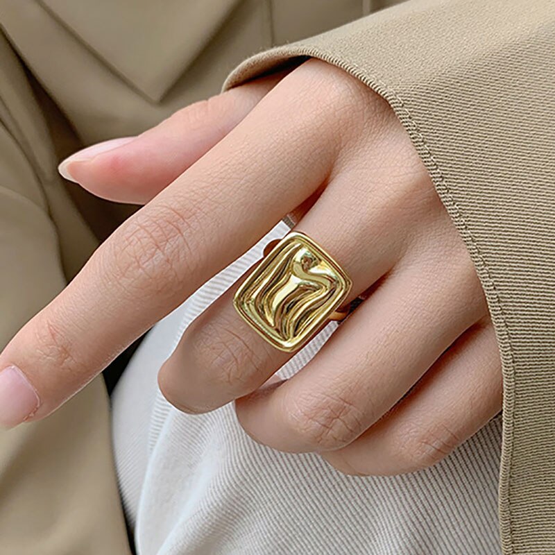 Foxanry INS 925 Sterling Silver Rings for Women Trendy Simple Double-layered Geometric Wedding Bride Jewelry: Gold Square card