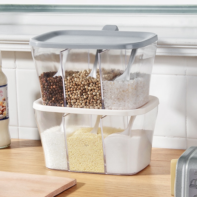 Plast stabelbar krydderboks krydderhylle 3 gird krydderglass med lokk og skje beholdereske til salt sukker pepper  sp50899