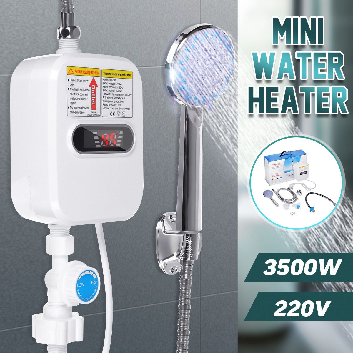 Calentador de agua eléctrico de RX-21,3500W, 3S, calefacción instantánea, baño, cocina, sin depósito, pantalla de temperatura, calefacción, ducha