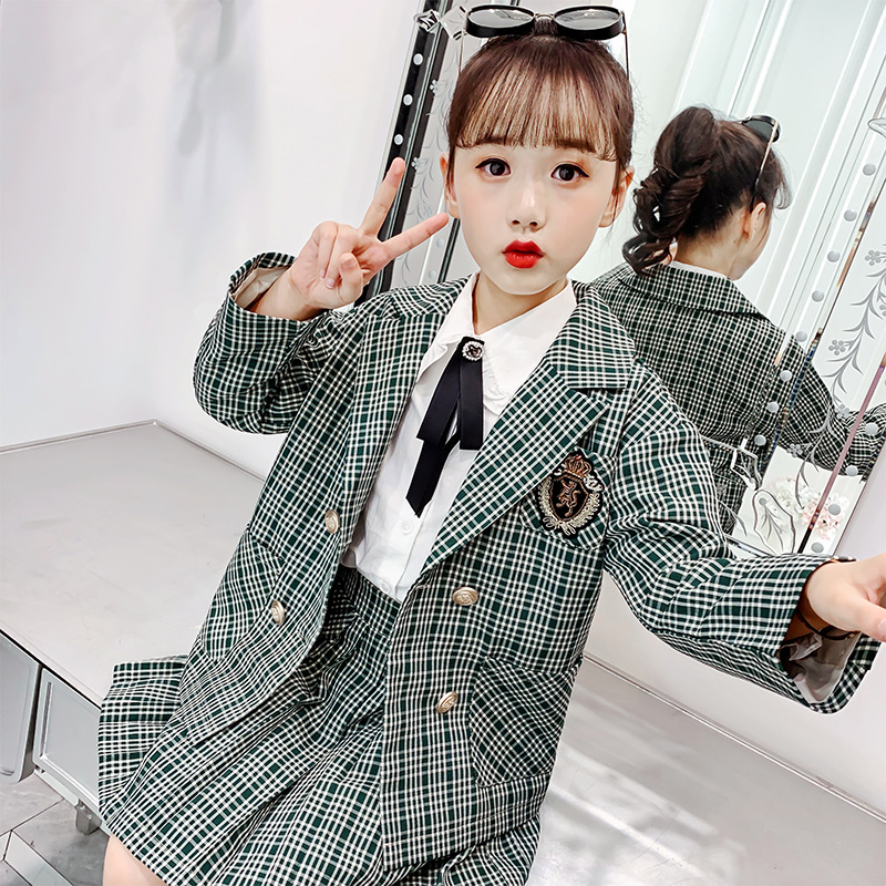 Meisjes Preppy Stijl Pak Set Kinderen Lente Zomer Kleding School Jas Kinderen Groene Plaid Outfits Rokken