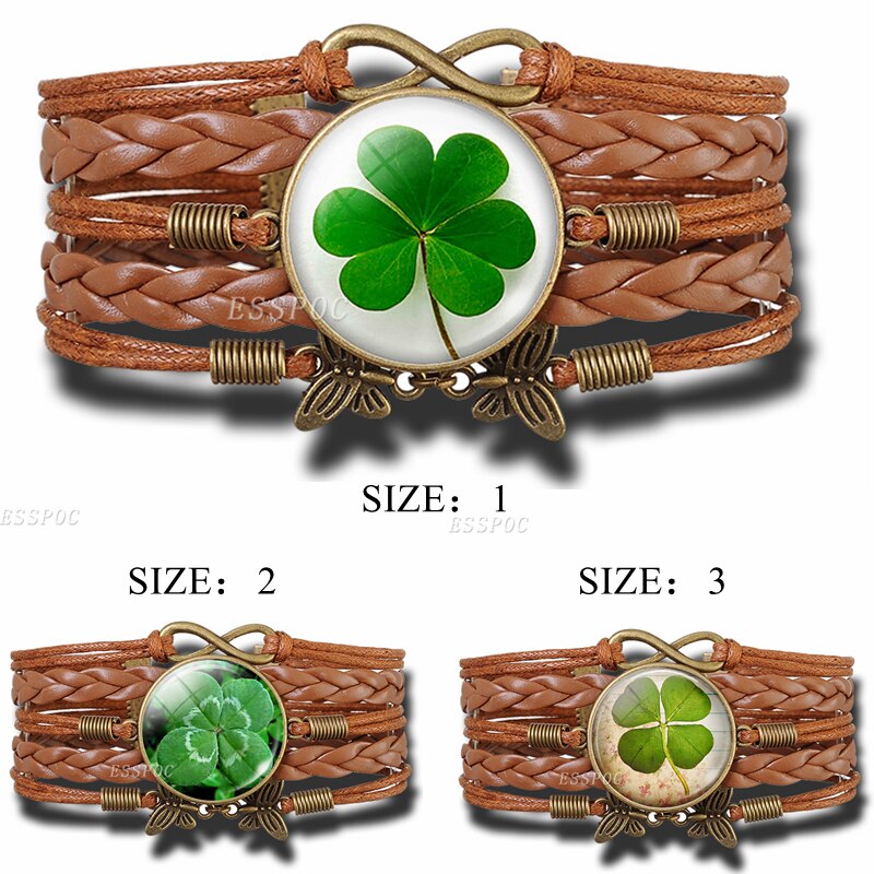 Lucky quatro folhas de trevo retrô artesanal pulseira marrom bronze cabochão de vidro joias shamrock bracelete de suporte para mulheres presente