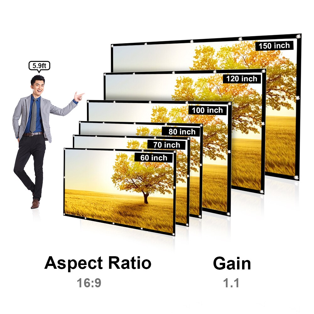 60 70 80 100 120 150 inch Portable HD Projector Screen 16:9 Projection Screen Foldable Thick Durable for Outdoor Home Theater