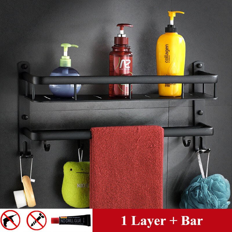 Bad svart hylle aluminium dusjkabinett hjørnehyller badehåndklestativ med krok hårføner holder etagere salle de bain: 1 lag og stang