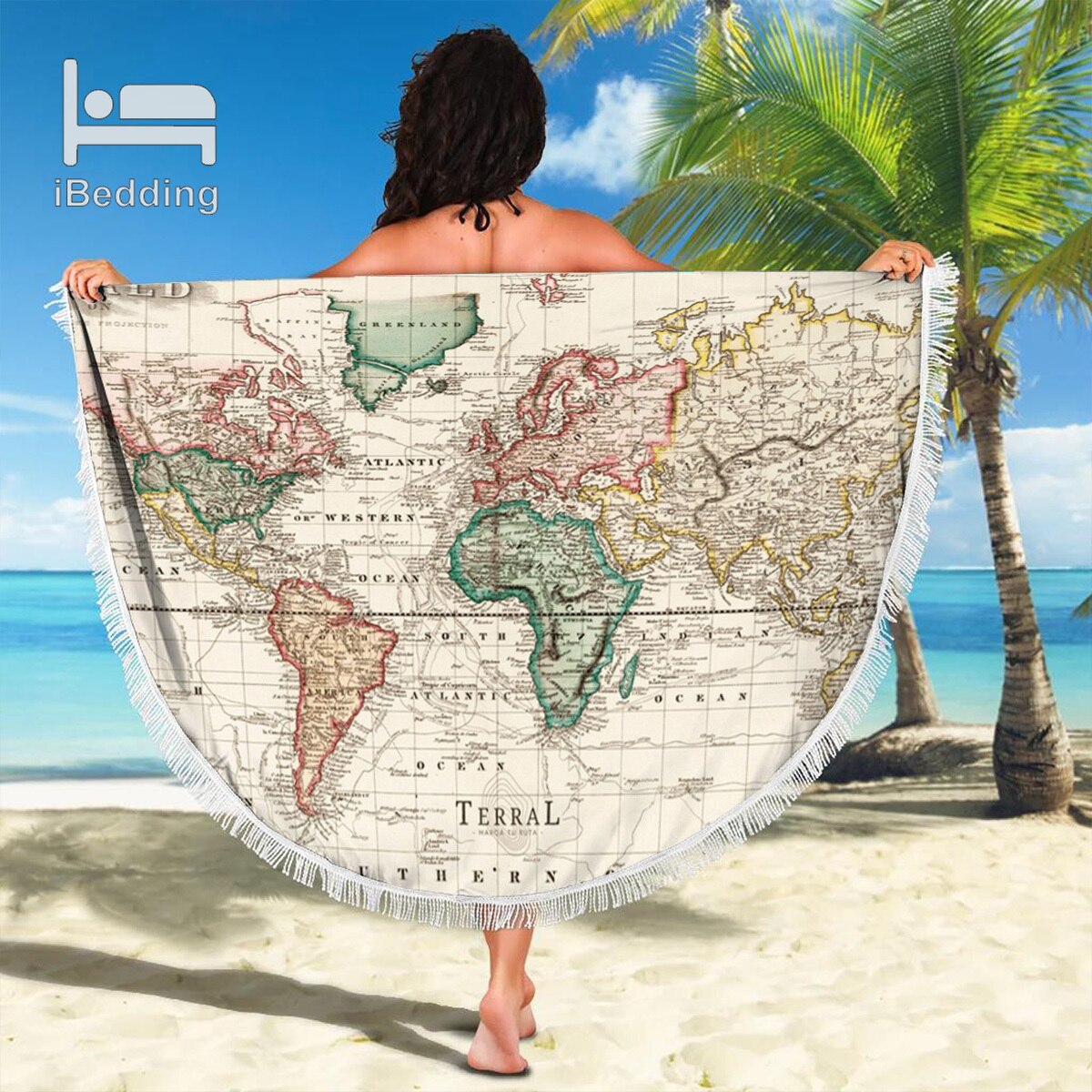 3D Vintage Monde L'île Carte du Monde Couverture de Plage En Microfibre Imprimé 150cm Serviette de Plage Ronde avec Des Glands POD Directe: 2021042460