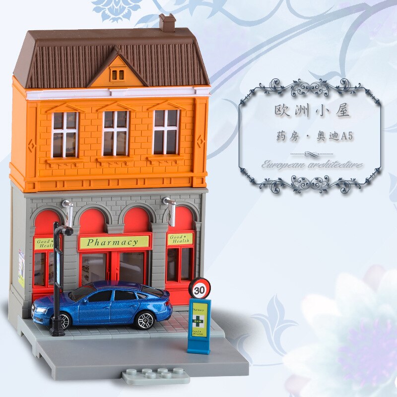 High Simulation 1:64 RMZ city Diorama Education Model Building Kits Toy DIY European house Diecast Metal Cars for children: Pharmacy