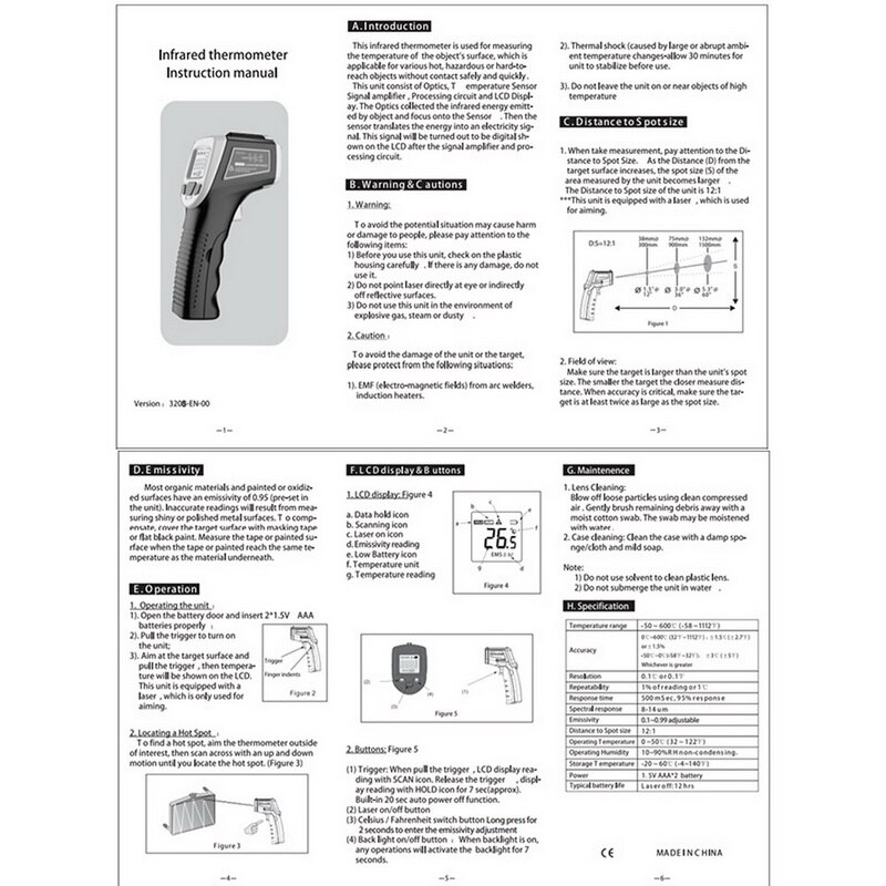 Termómetro infrarrojo IR con pantalla LCD, pirómetro Digital sin contacto, medidor de temperatura, punto-50 ~ 600 grados, termómetro