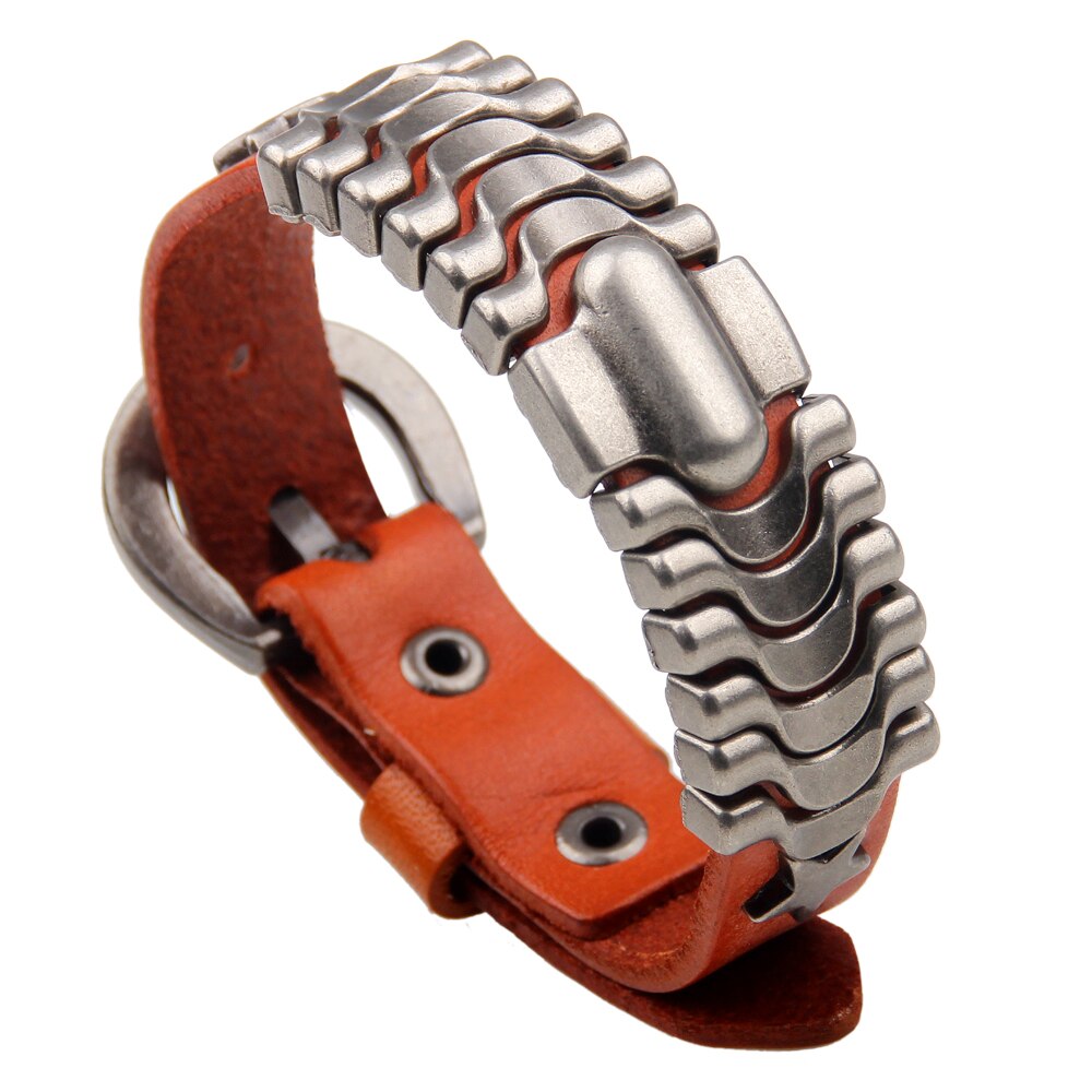 Stylish simple metal leather bracelet for men Adjustable size alloy bracelet Brown red yellow