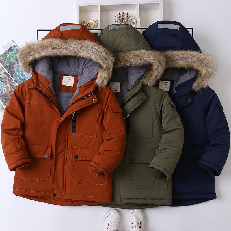 Menino parkas casaco de inverno para o bebê menina zíper com capuz estilo europeu crianças menino parkas