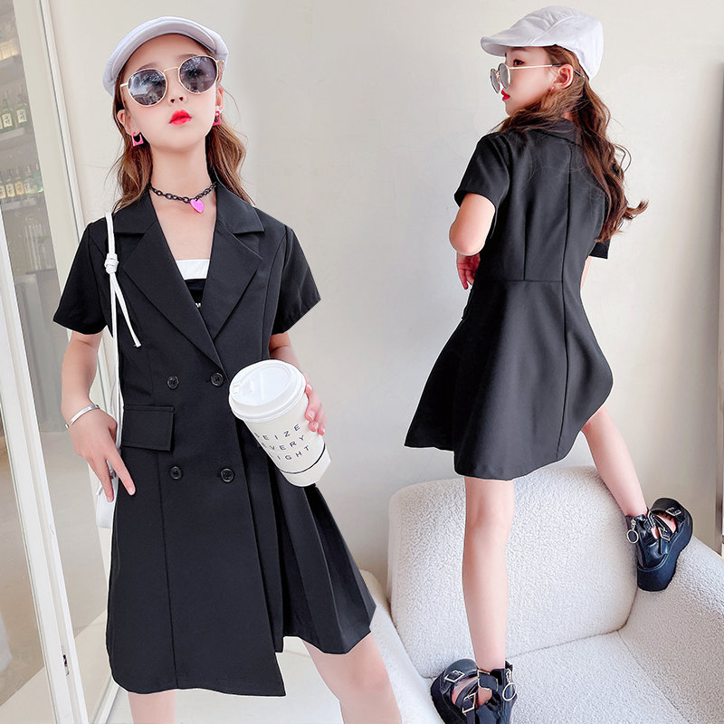 Traje de para niñas, Blazer, vestido asimétrico, abrigo largo, negro y blanco, vestidos para niños de 5 a 14 años, ropa de ,