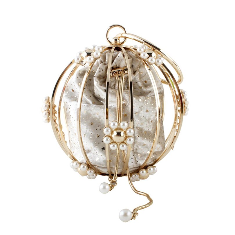 Borsa da sera a gabbia sferica scavata donna 2021 moda perla diamante personalità circolare pochette da giorno cena da donna: Oro