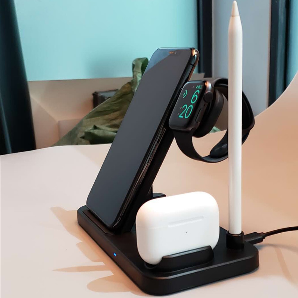 4-in-1 Wireless Charger Stand for iPhone, Apple Watch, AirPods - 15W Qi Fast Charging Desk Holder