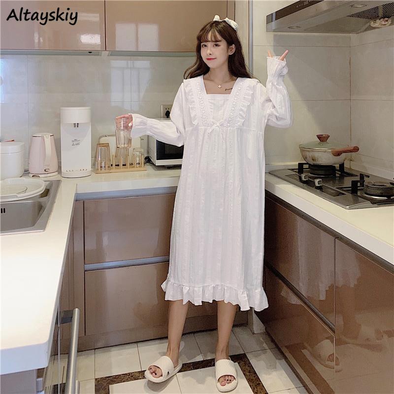 Nightgowns Women Lovely White Square Collar Spring Popular Korean Style Female Sleepwear Nightwear Newly Pure Loungewear