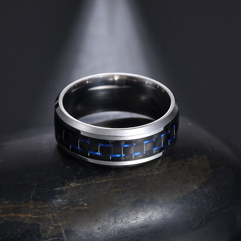 Titanium Steel Black Carbon Fiber Mens Cool Rings Blue Ring Anel Masculino Jewelry