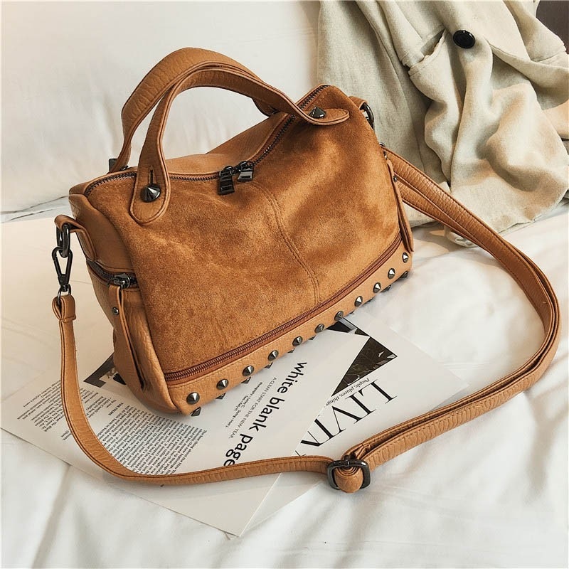 TTOU Women Suede Rivet Handbags Vintage Large Capacity Shopping Bag Casual Daily Tote Bag Female Shoulder Bag Soft Bolsas: brown