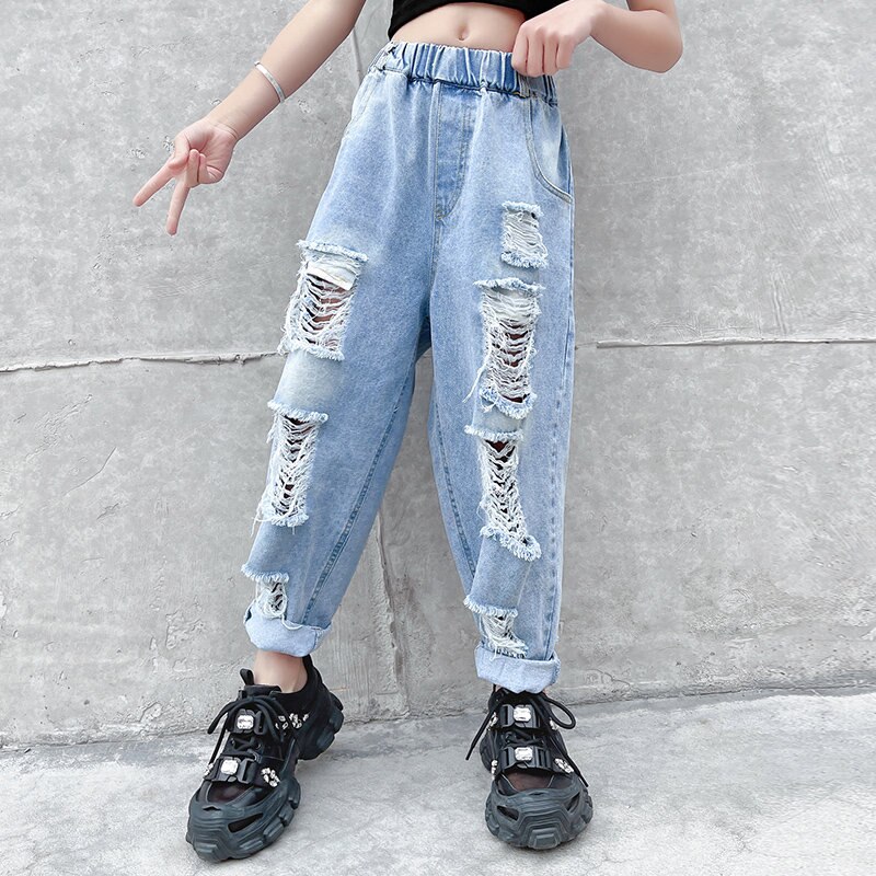 Nuovi Jeans strappati alla moda 2021 per ragazze pantaloni in Denim 4-14 anni bambini coreani adolescenti pantaloni larghi a matita abiti estivi