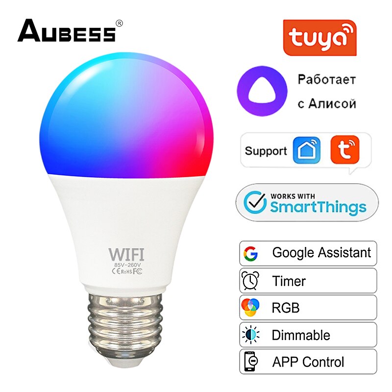 Aubess 15W Tuya Smart Leven Wifi Slimme Lamp B22 E27 Led Rgb Lamp Werk Met Alexa/Google thuis Alice Rgb Dimbare Timer Lamp