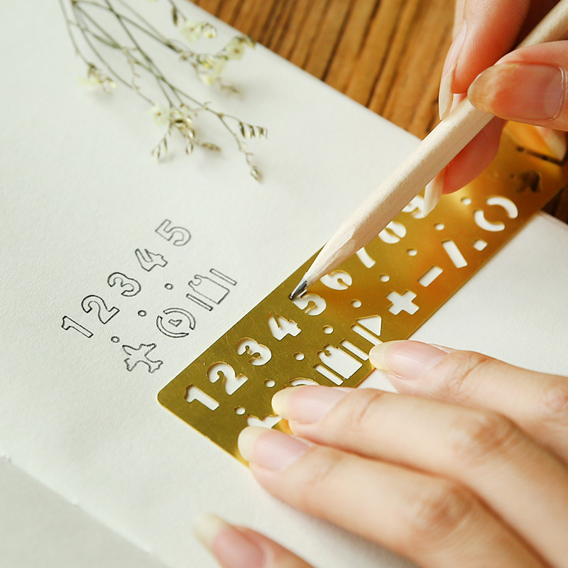 EZONE Number/Alphabet Pattern Ruler Golden Metal Drawing Template Multifunctional Hollow Out Brass Ruler Bookmark School Supply