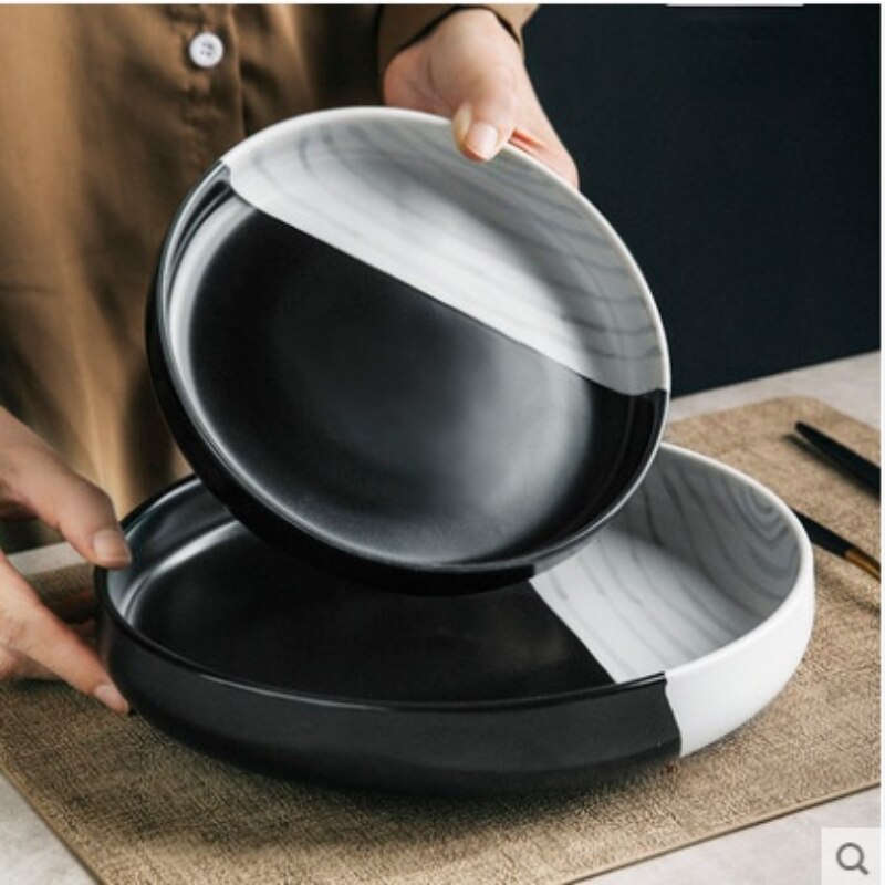 black and white matte plate ceramic shallow plate western food plate simple high-end sense plate home pasta salad plate