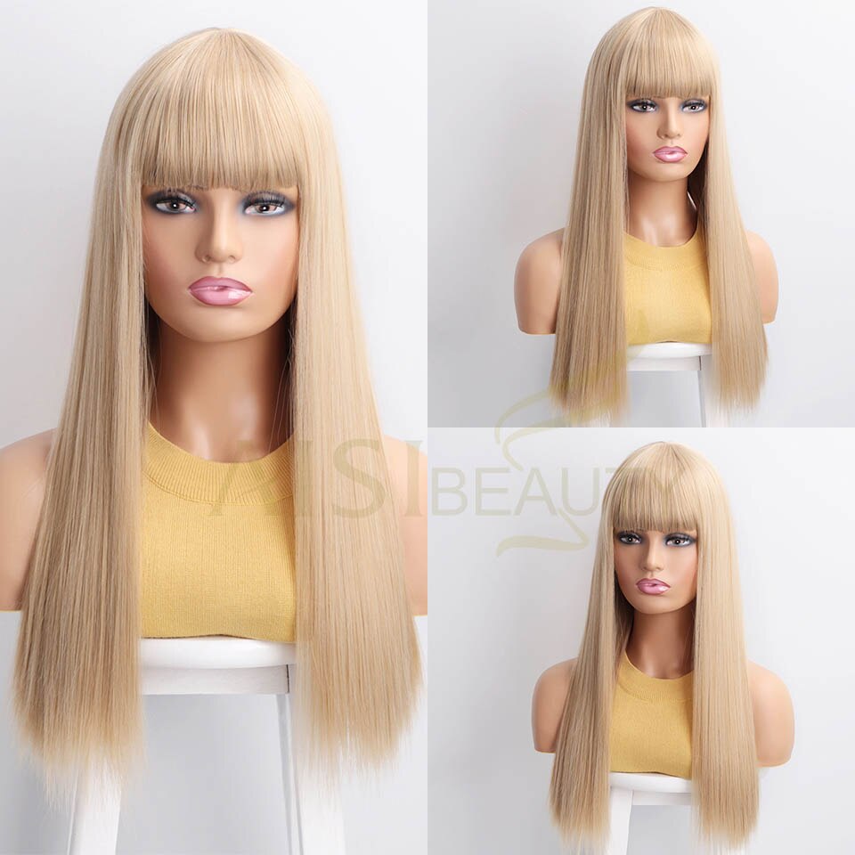 Aisibeauty Long Synthetic Wig with Bangs 4Colors High Density Natural Headline Heat Resistant Straight Hair Wigs for Women