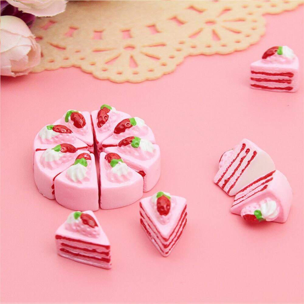10Pcs Kawaii Plat Diy Miniatuur Kunstmatige Nep Voedsel Cake Resin Cabochon Decoratieve Craft Spelen Poppenhuis Speelgoed: Pink Strawberry