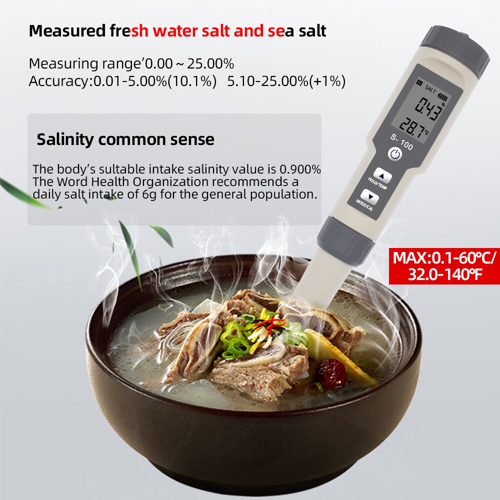 S-100 Salt Meter Salinity Tester 3 in 1 TEMP SAL TDS Meters Waterproof Salinometer Salty Gauge Water Measure Tool 40%