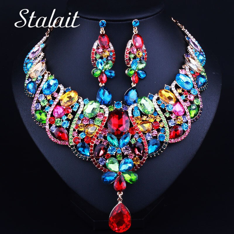 4 Colors Statement Flower Inlay Oval Colorful Crystal Bridal Jewelry Geometric Bending Necklace Earrings Rhinestone Jewelry Set