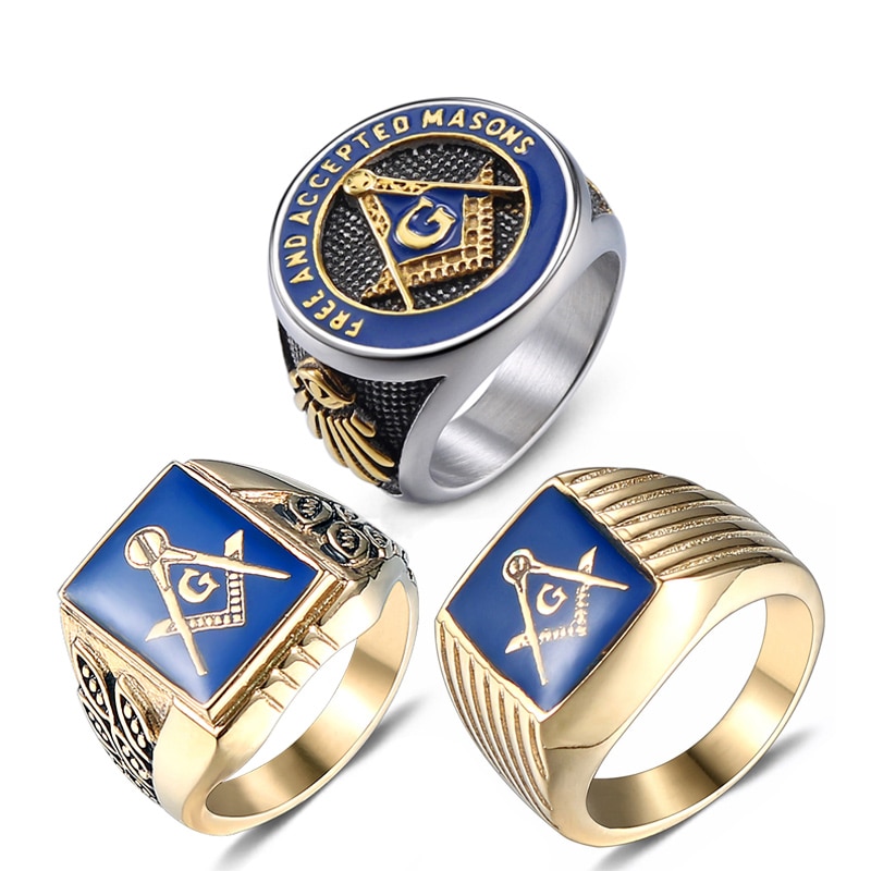 Masonic Ring Free Mason Stainless Steel Freemasonry Ring Freemason Gold For Men AG Jewelry Punk Blue Enamel Size 8-13
