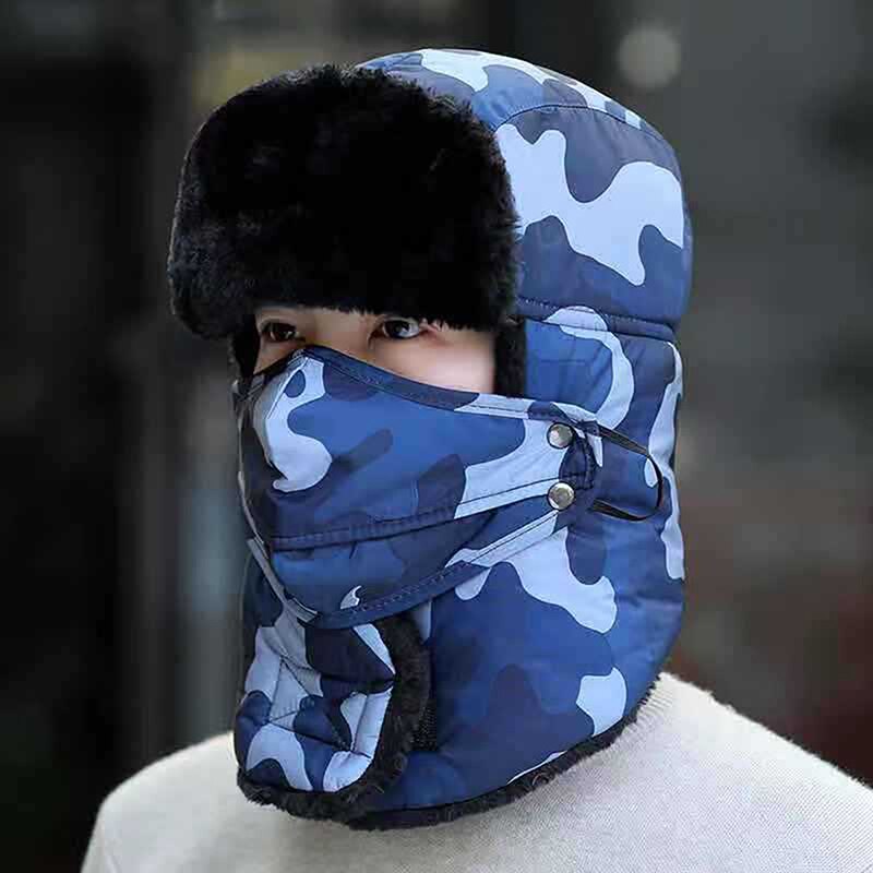 Unisex Camouflage Bomber Hat Russia Caps Waterproof Warm Faux Fur Earflap Winter Snow Skiing Hats Casual: blue camouflage