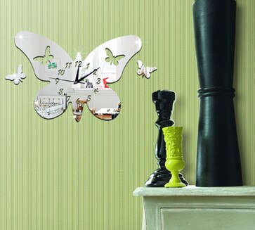 klok en creatieve klok 3D milieu stereo vlinder spiegel klok kan muur klok: Zilver