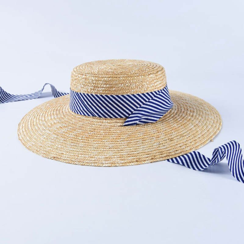 ¡Novedad de ! Sombreros de paja de trigo de ala ancha para mujer, sombrero de sol de playa de verano con cinta a rayas azul marino, sombrero de Boater con lazo, gorro Derby de vacación