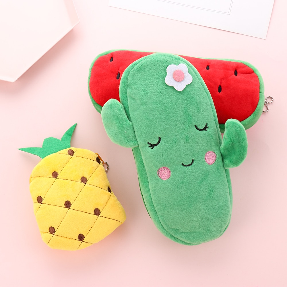1 ud. Monederos bonitos de felpa para mujeres niñas frutas serie sandía fresa Cactus monedero cartera estudiante lápiz estuche