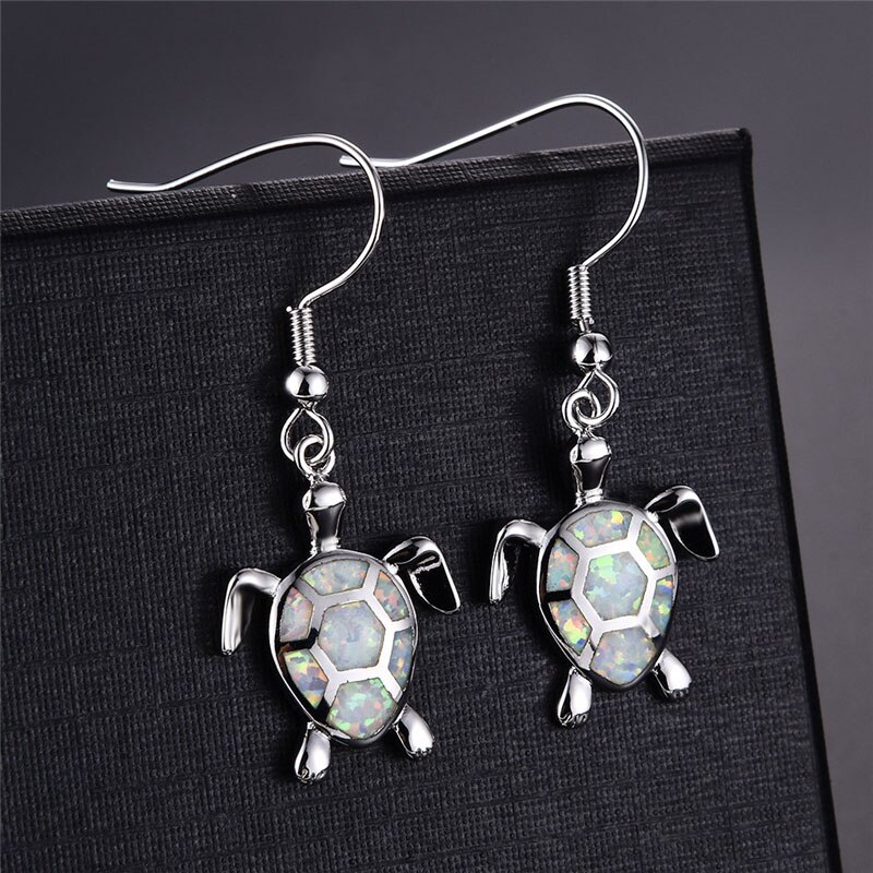 Pendientes con colgante de ópalo de imitación azul para mujer, aretes con forma de tortuga, Animal, de joyería de boda,: White
