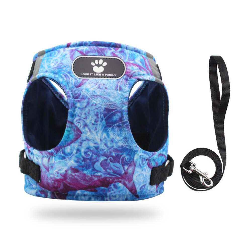 Copetsla One Piece Dog Harness Ocean printing Vest Puppy Cat Harnesses Reflective pet Walking Lead Leash soft dog chest strap: Blue / S
