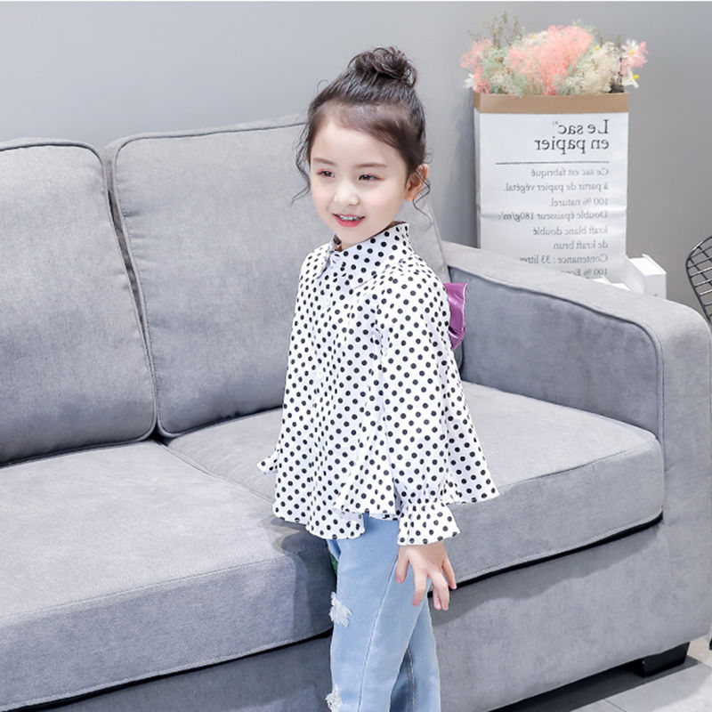 Blusa de manga larga con estampado de puntos para niñas de primavera, camisetas con lazo para niñas de chico y bebé, camisetas para niños de otoño, dulce camisa suelta, ropa A08